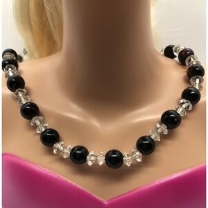 Necklace Beaded Black-ish Red‎ Clear White Estate Costume Jewelry 18" Stretchy